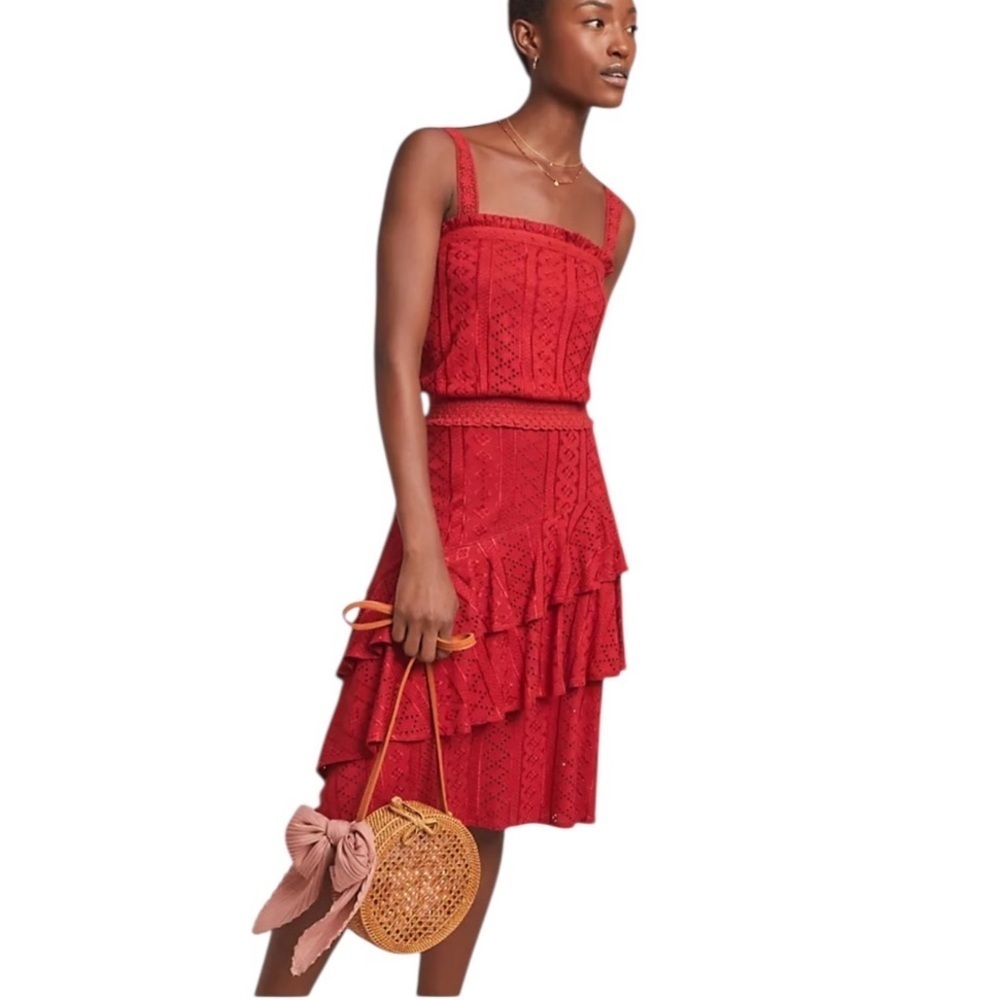 NWT Anthropologie Red Angled Tiered Eyelet Knit Pull On Skirt